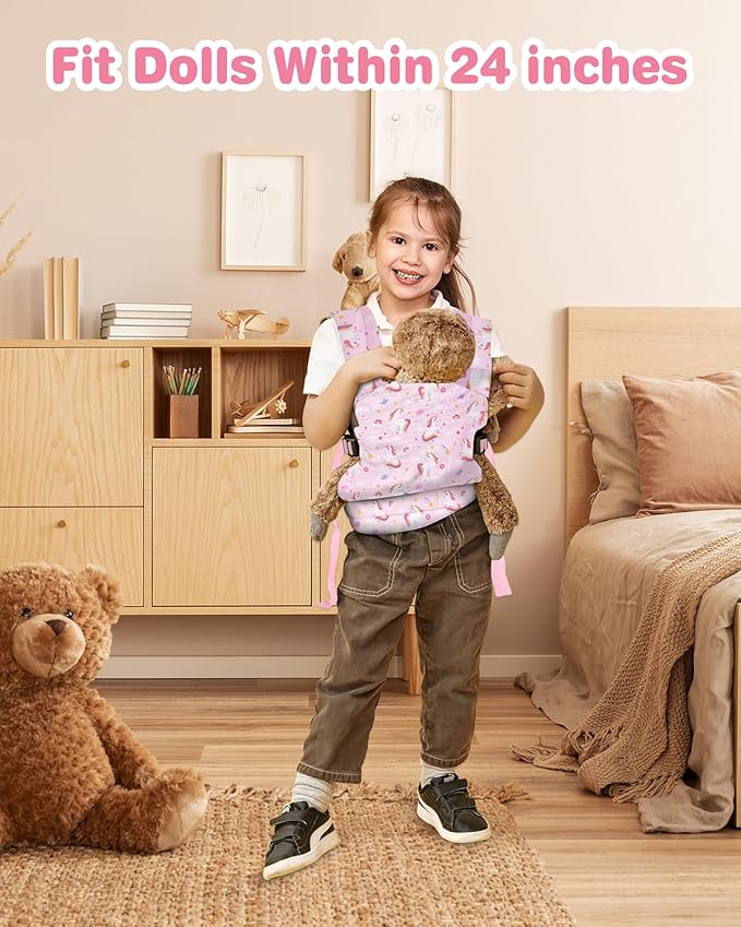 Lictin Baby Doll Carrier, Front and Back Doll Accessories Carrier for Little Girls, with Adjustable Straps for Stuffed Animal Reborn Baby Doll, Pink Unicorn