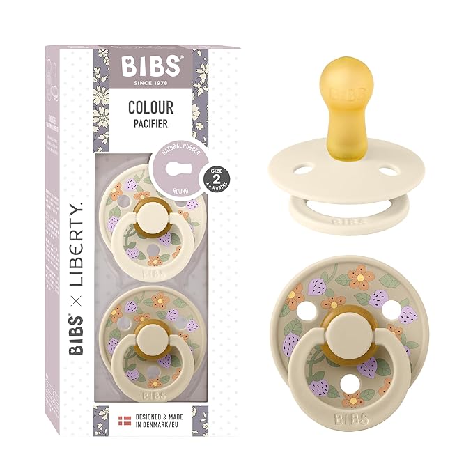 BIBS Colour Liberty Soother 2-Pack, BPA Free Dummy Pacifier, Round Nipple. Natural Rubber Latex, Made in Denmark, Size 2 (6-18 Months), Strawberries and Cream Ivory Mix