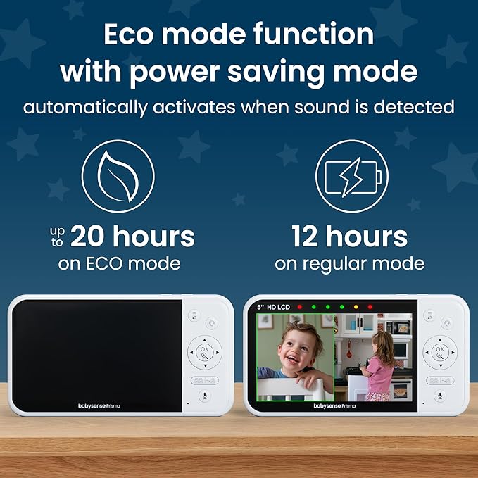 Babysense Prisma Baby Monitor with Camera and Audio, 5” HD Video Baby Monitor with 2 Cameras, 6-Color Night Light, Split Screen, Sound Machine with White Noise & Lullabies, Secure No WiFi