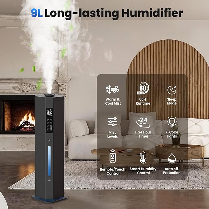 Humidifiers for Bedroom - GloryAir 2.38Gal/9L Top Fill Warm & Cool Mist Humidifier for Large Room 750ft² with Auto Mode 7-Color Light, Humidistat, Quiet Humidifier for Plants Baby Adults Home & Office