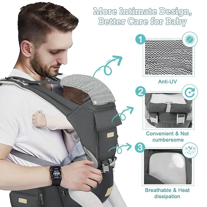 FRUITEAM 6-in-1 Baby Carrier with Waist Stool/Hip Seat, One Size Fits All -Adapt to Newborn, Baby Hip Carrier for Breastfeeding, Infant & Toddler, Dark Grey