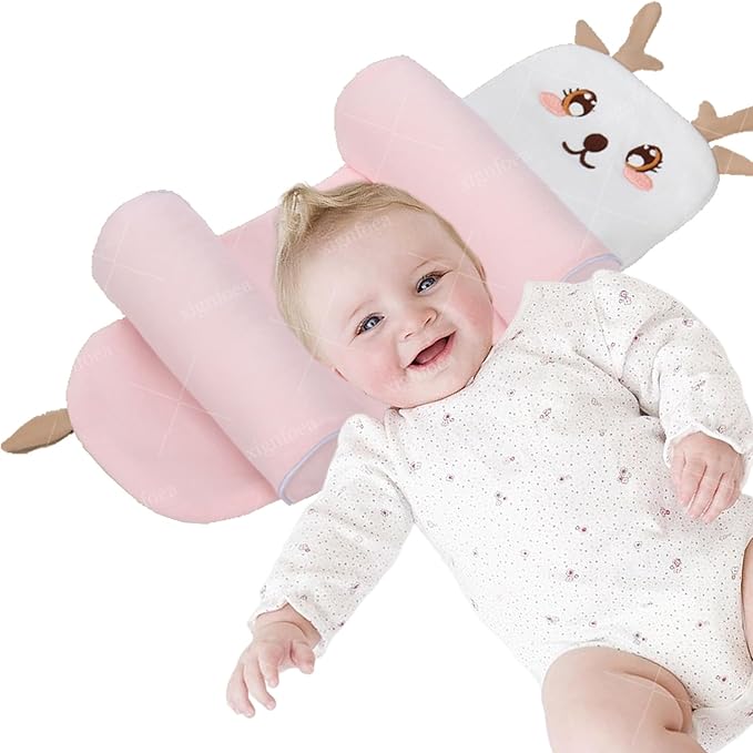 Kariney Baby Pillow, Compariston All-Season Breathable Pillow for Baby Development, Organic Cotton Adjustable Infant Head Cushion (Pink,Deer)