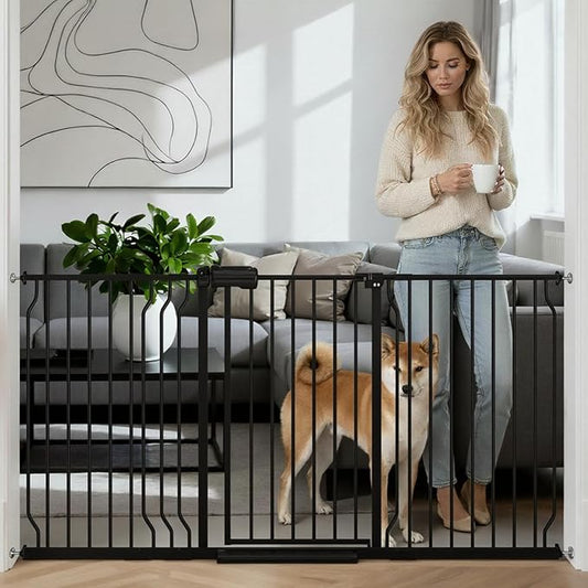 62.2"-71.65" Extra Wide Auto Closing Baby Safety Gate for Stairs & Doorways, Pressure Mounted No Drill Pet Gate with Walk-Through Door - Heavy Duty Childproof Gate for Toddlers, Kids, Dogs (Black)
