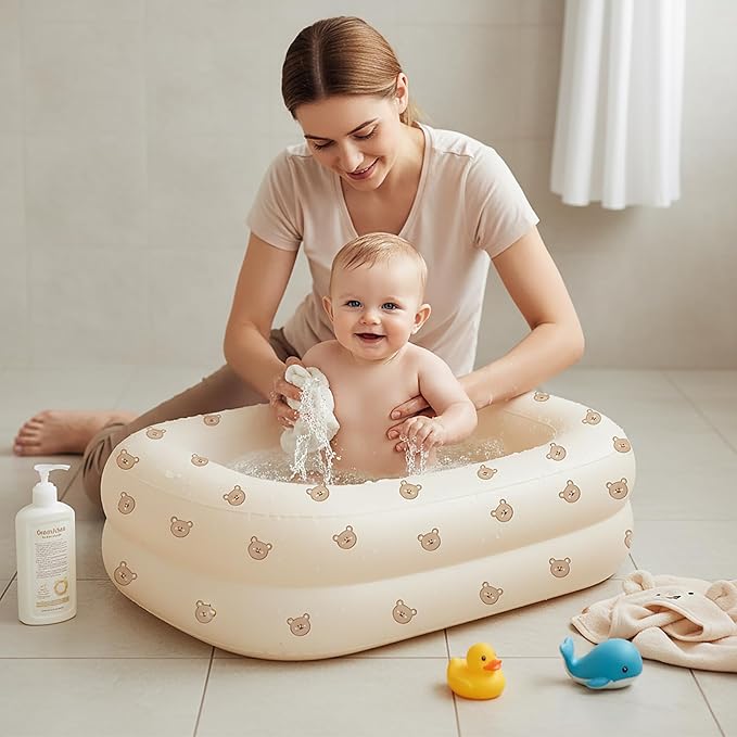 Inflatable Baby Bathtub with Built-in Air Pump, Back Support, Portable Travel Baby Bath Tub, Deflates and Folds Easily, Newborn to Toddler 3-20 Months (Cute Bear)