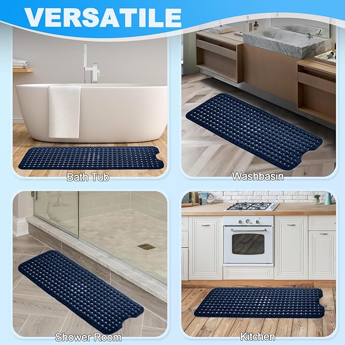 Linoows Bathtub and Shower Mats, 40x16 Inch Extra Large Non Slip Soft Bath Tub Mat with Suction Cups and Drain Holes for Bathroom Floor and Keep Tubs Clean, Machine Washable, Navy Blue