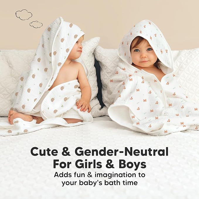 KeaBabies Muslin Baby Bath Towels with Hood for Girls, Boys -Large Organic Cotton Hooded Baby Towels for Newborns,Toddlers,Infant,Kids,Soft Absorbent Newborn Bath Essentials Gift Set(Monarch, Petite)