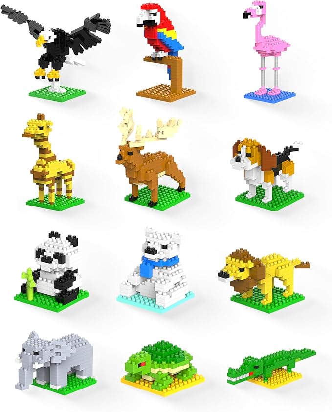 Kimiangel Party Favors for Kids, 12 Pack Mini Animals Building Blocks Sets for Goodie Bags, Prize Box Toys for Kids, Fillers, Prizes, Christmas Birthday Gifts STEM Educational Brick Kits(1222 Pcs)