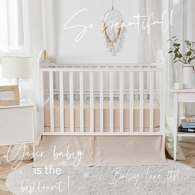 Brandream 3 Pieces Crib Bedding Set for Girls or Boys Quilt,Crib Sheet,Dust Ruffle Skirt, 100% Washed Cotton Like Linen Supersoft Farmhouse Chic Boho Beige Classic Quilted Plaid Design