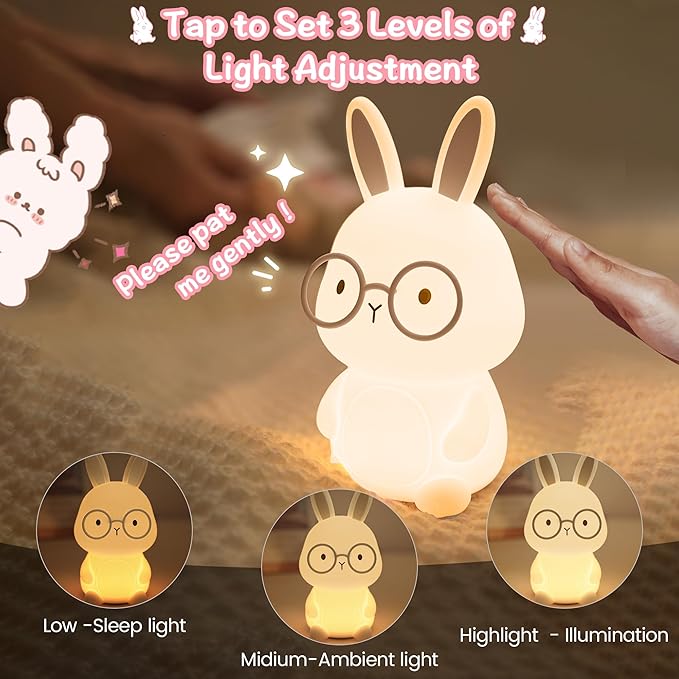 Bunny Night Light for Kids, Soft Silicone Nursery Lamp, 7-Color Glow, 3-Level Dimmable Warm Light, Tap Control, 30Min Timer, Rechargeable, BPA-Free, Easter & Birthday Gift, Baby Room Decor, Gray