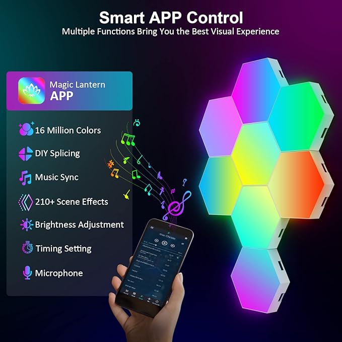 OJQ 8 Pack Hexagon Lights Wall RGB Panel - Hexagonal Led Lights Room Decor Wall Lights Smart APP Music with Sync Honeycomb Shape Panels Hexagon Gaming Night Lights for Bedroom Children