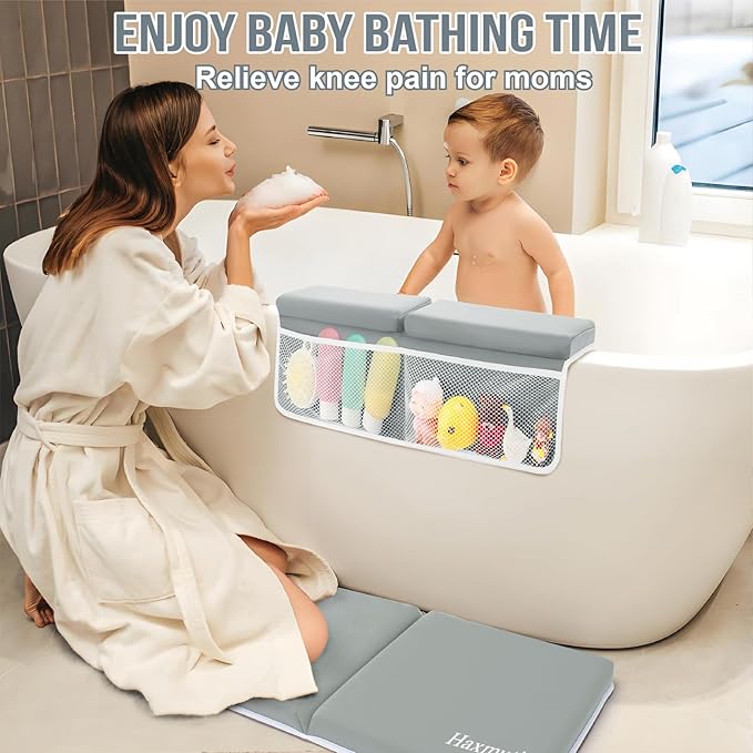 Bath Kneeler and Elbow Rest Pad Set, Thick and Quick Dry Kneeling Pad Support for Knee and Arm, Extra Large Baby Bath Kneeler Pads Bathtub Mat with Toys Organizer for Baby Bath Time, Grey