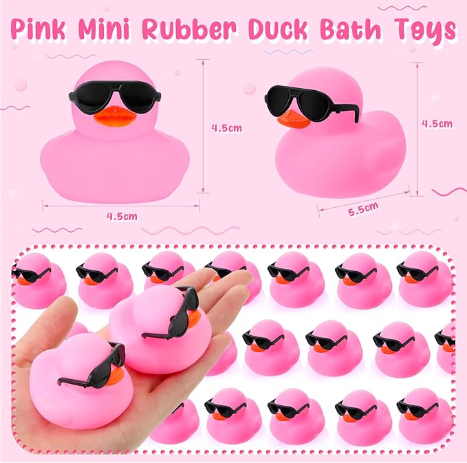 Sosation 48 Pack Mini Rubber Ducks with Sunglasses Sets Squeaky Bath Toys Float Bathtub Duckies for Little One Birthday Party Favors Class Carnival Prizes Car Decor(Pink)