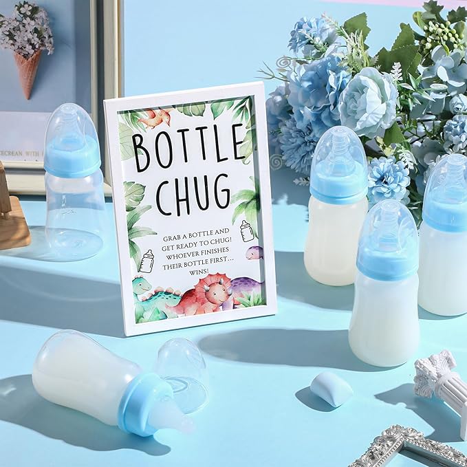Roowest Bottle Chug Baby Shower Game Favors Including Dinosaur Theme Wooden Sign and 18 Pcs Baby Bottles for Gender Reveal Party Supplies