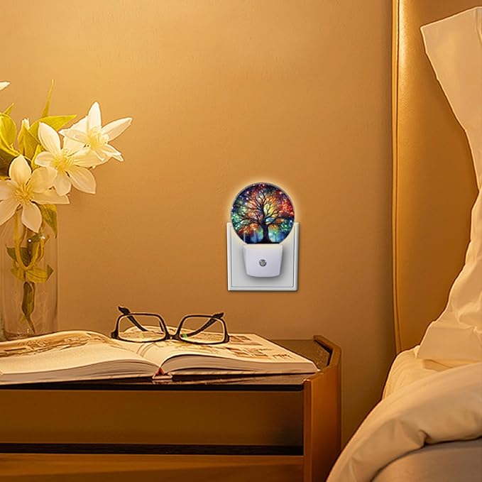 Round LED Night Lights Lamp with Dusk to Dawn Sensor, Vibrant Tree of Life with Branches Night Light Plug Into Wall for Kids Room, Bedroom, Bathroom, Kitchen, Hallway