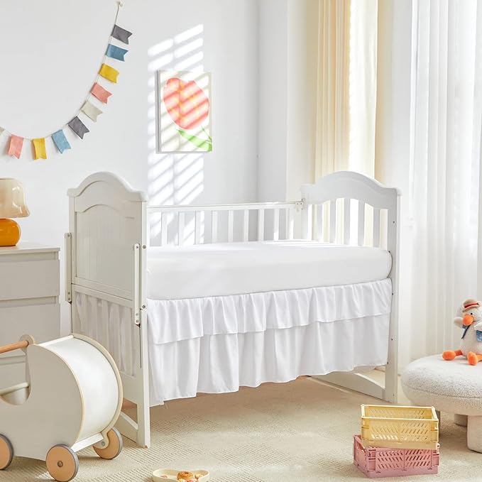 Tufted Ruffle Crib Bedding Set 3 Pieces Baby Boho Quilted Comforter with Fitted Sheet and Bed Skirt - Cute Ruffled Shabby Chic Baby Bedding Soft Blanket Design White