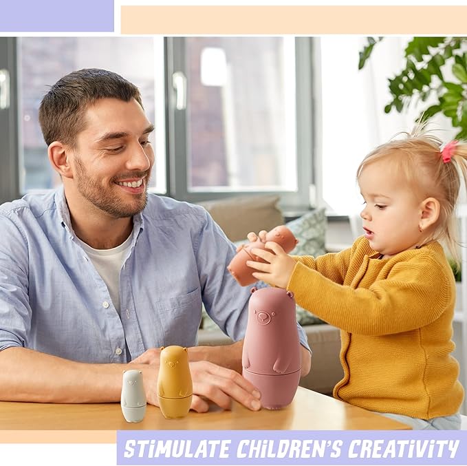 Chivao 8 Pieces Russian Nesting Dolls Silicone Matryoshka Doll Educational Stacking Nesting Dolls for Toddlers Vivid Food Grade Baby Teether for Kids, Gift for Kids(Bear)