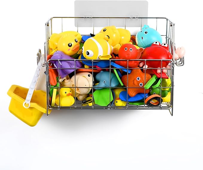 Umimile 304 Stainless Steel Bath Toy Organizer - 8.6L Rustproof Baby Bathtub Toy Storage with Quick-Dry Drain Holes, Mold Resistant Design for Toys/Shampoo, 3-Way Mount (Wall, Hanging, Stand)