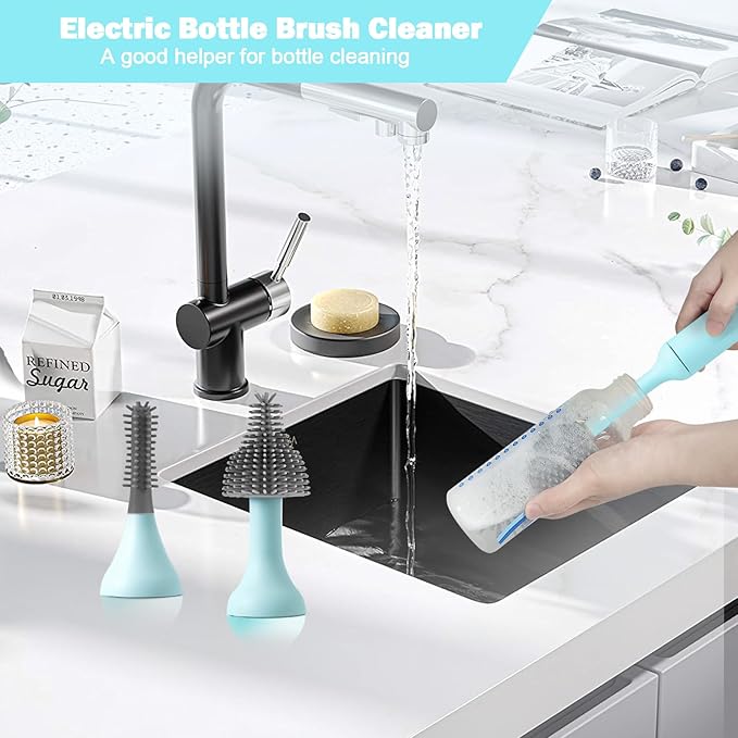 Electric Baby Bottle Brush Set with Rechargeable Electric Bottle Brush Cleaner and Replaceable Silicone Bottle Brushes and Straw Brush Cleaner, Waterproof Multi-Purpose Cleaning Brush(Blue)