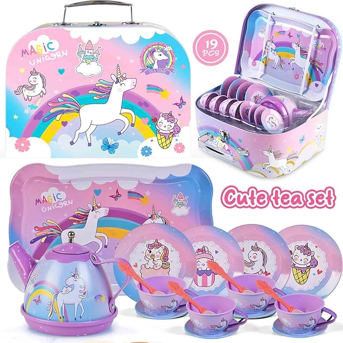 19Pcs Unicorn Tea Party Set – Birthday Gift for Girls Ages 3-6, Princess Pretend Play Kitchen Toy with Tin Tea Set