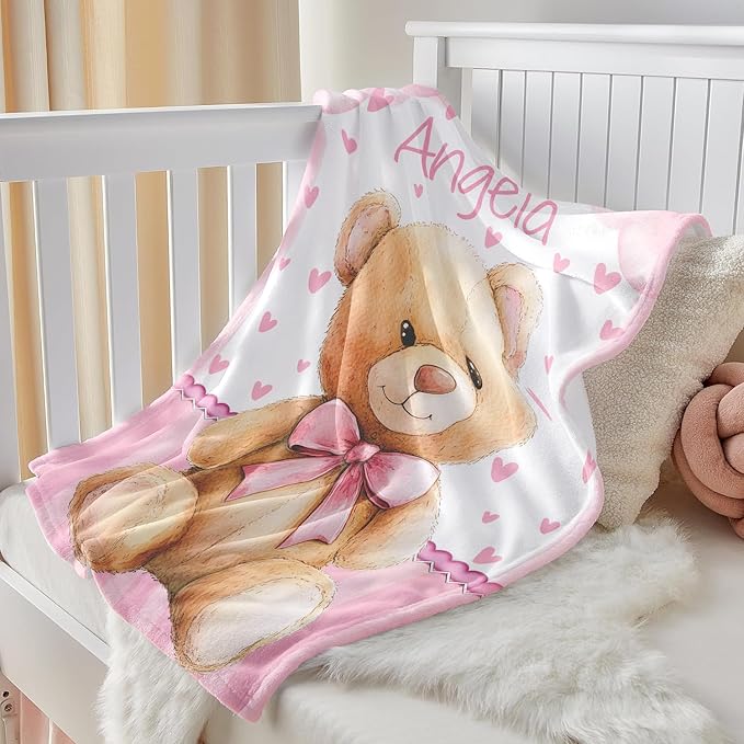 Personalized Baby Blanket for Girls, Custom Baby Blanket with Name, Soft Cozy Personalized Name Blankets for Kids, Customized Bear Blanket for Infant Toddler Birthday Christmas