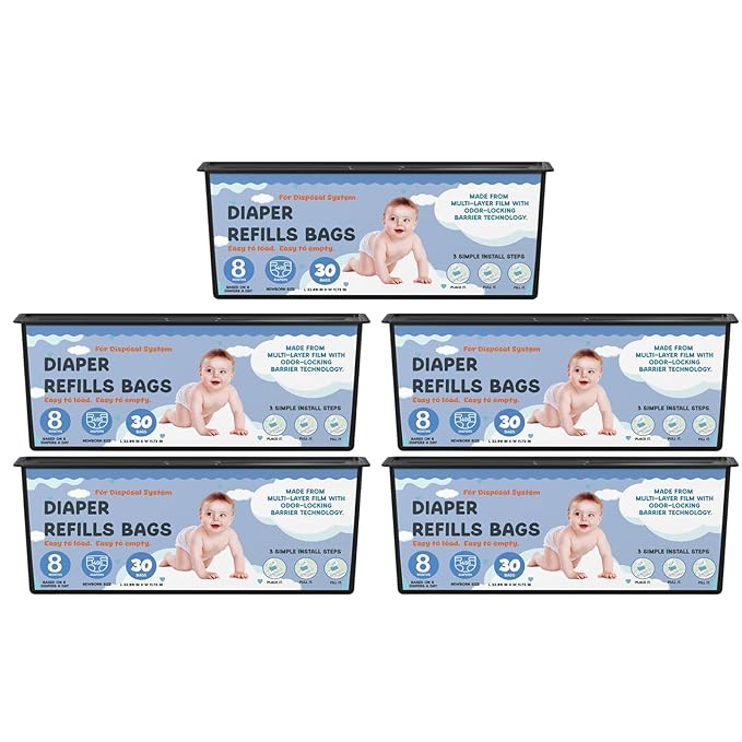 Diaper Pail Refills Bags with 30 Bags Compatible with Genie Easy Roll Signature Diaper Pails and Platinum Diaper Pails, Lasts Up to 8 Months, 7-Layer Odor-Barrier Technology, 5 Pack (150 Bags)