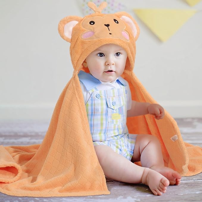 Toddler Towels for Boy, 2 PCS 50"x32" Hooded Baby Towels Boy,Thick Absorbent Bath Towels for Kids, Coral Fleece Animal Kids Towel with Hood, Gray Mouse & Orange Monkey Set