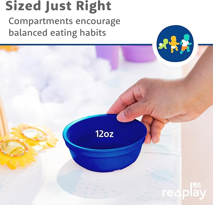 Re-Play 12 oz. Toddler Bowls Set of 3 - Kids Deep-Walled, Durable & Reusable Snack and Meal Bowls, Dishwasher & Microwave Safe, BPA-Free, Made in USA from Recycled Plastic, True Blue