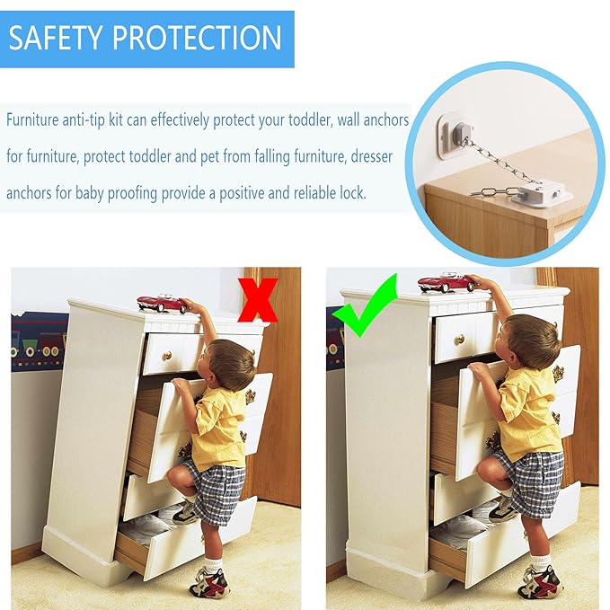 YEYA Upgraded Anti-Tip No Drill Furniture Anchor with 3M Adhesive 10" Adjustable Straps, Baby Proofing Wall Anchors for Child Safety, Playroom Essentials 2P