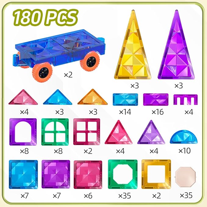 180 PCS Magnetism Blocks Tiles for Kids Ages 3 4 5 6 7 8+, Building Set for Toddlers 3-5 4-8, Stacking Blocks, Educational Construction Toy for Boys and Girls, Creative Play Birthday Gifts 2-4