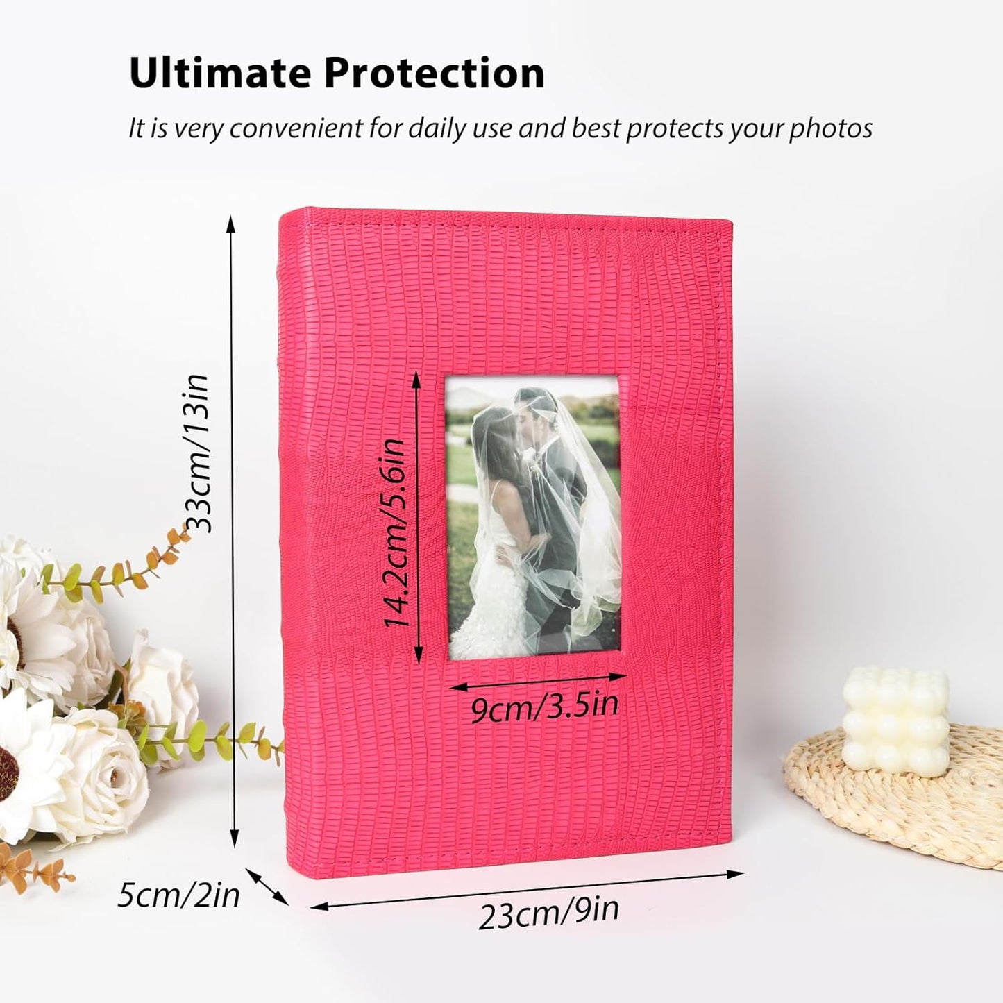RECUTMS 4x6 Photo Album Photo Book Pack of 50 Sheets Holds 300 Photos,Leather Cover Picture Album with Front Window for Memories Couple Valentines Baby Wedding Family (Pink)