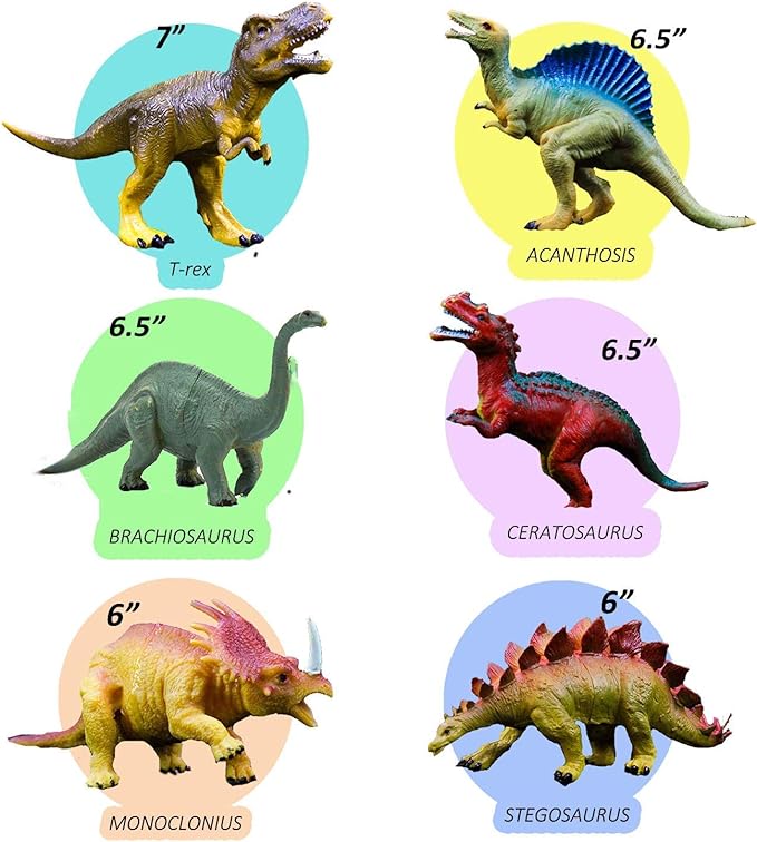 OuMuaMua Dinosaur Toys, Plastic Dinosaur Figure Set, Ideal Education Toys for Kids, Including T-Rex, Stegosaurus, Monoclonius, 6 to 7 Inch Large Size, 6 Pack