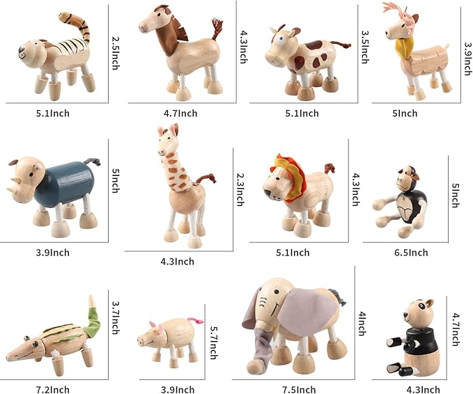 12PCS Bendable Wooden Animal Toys, Fun and Posable Animal Toys for Early Education, Smooth Natural Wood, Safari Farm Wood Animals Learning Toy for Kids