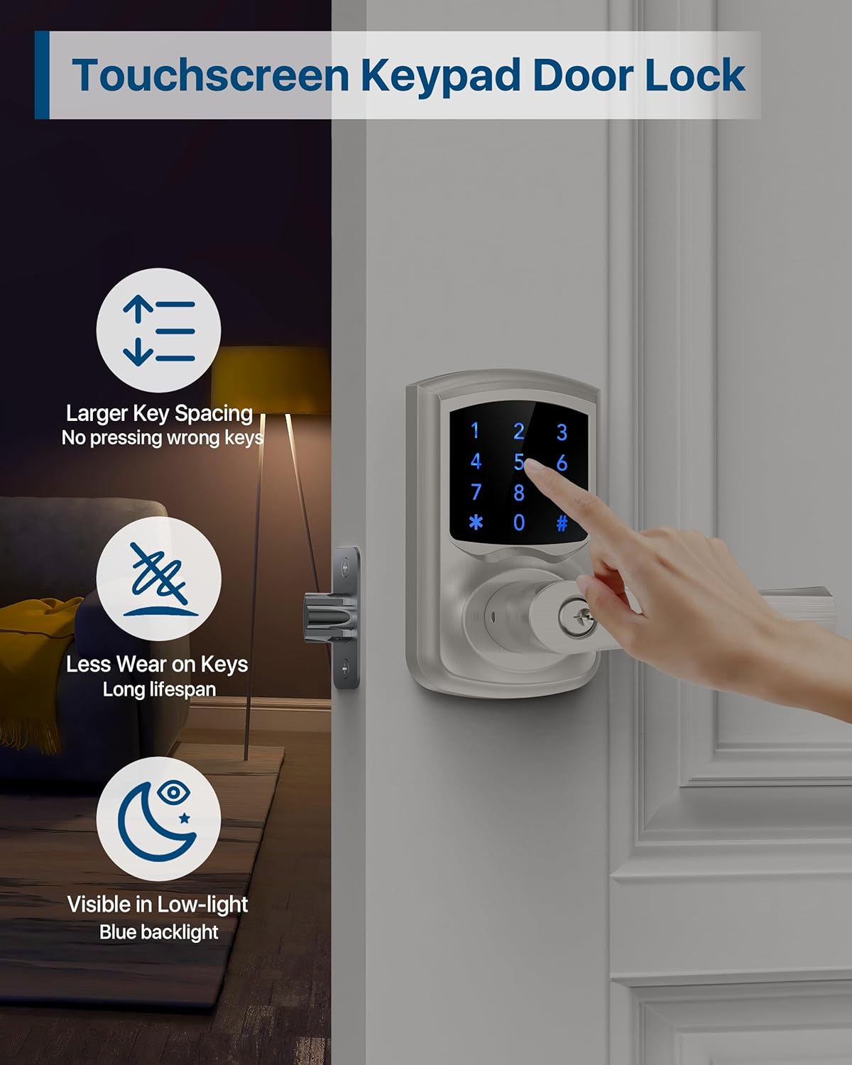 Keyless Entry Door Lock, Keypad Door-Lock with Handle, Touchscreen, Auto-Locking, Anti-peep Password, Easy to Install for Front Doors, Home, Office, Satin Nickel 2 Pack