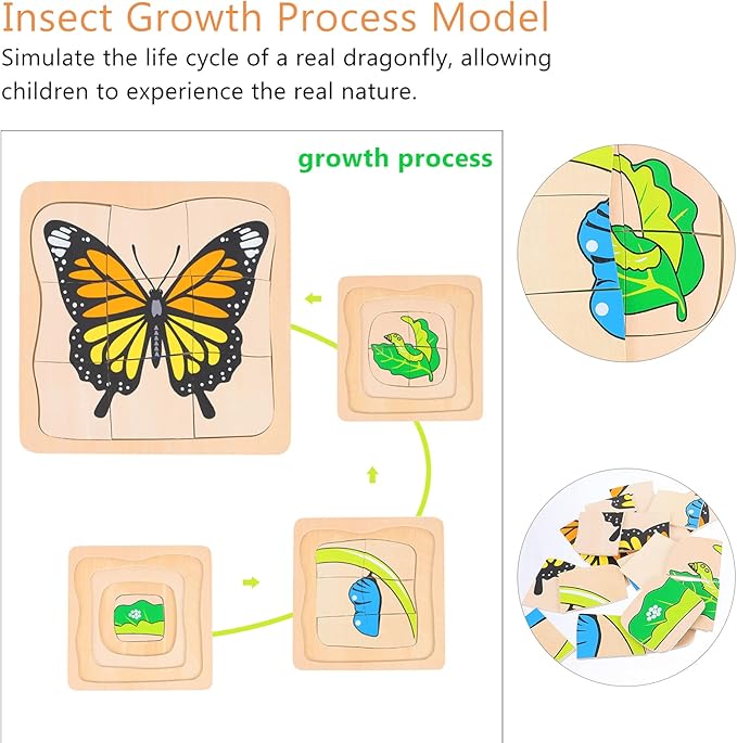 jojofuny Wooden Multi Layered Puzzles, Life Cycle of Butterfly, Cartoon Montessori Toy DIY Puzzle Early Educational Toy for Children Kids