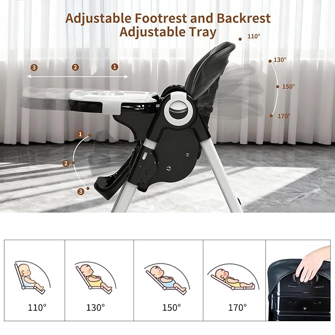 4 in 1 Baby High Chair, High Chairs for Babies and Toddlers, Foldable Highchair with 4 Wheels, 4 Levels of Recline and 7 Levels of Height Adjustment (Black)