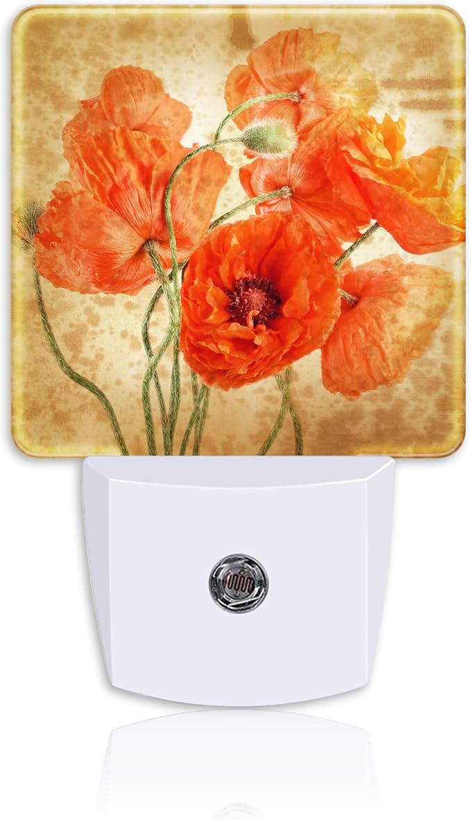 Vintage Orange Flowers Night Light Plug Wall,Poppy Bouquet Oil Painting LED Night Lights with Dusk to Dawn Light Sensor for Women Girls Boys Room Decor,Hallway,Kitchen,Bathroom,Nursery,Stairs
