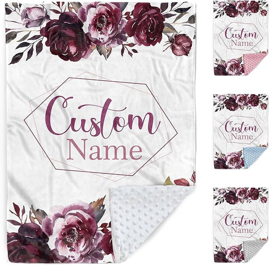Personalized Baby Blanket with Name, Custom Toddler Blanket for Newborns, Purple Flowers Soft Double Layer Flannel Blankets, Personalized Baby Gifts for Nursery Infant Shower Birthday(30"x40")