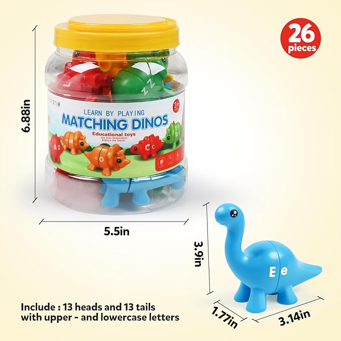 Matching Letters Counting Dinosaur Toys with Double-Sided ABC Alphabet Preschool Learning Uppercase Lowercase Sensory Sorting Educational Montessori Toy Sets for Kids Toddler Aged 3+ Years Old
