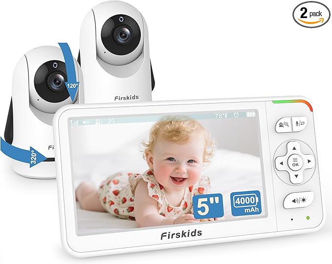 Baby Monitor with 2 Cameras, 5” Video Baby Monitor with Dual Camera and Audio no WiFi, 32-Hour Battery, 2 Way Talk, Temperature Sensor, Auto Night Vision, Ideal for Monitor Baby and Elderly