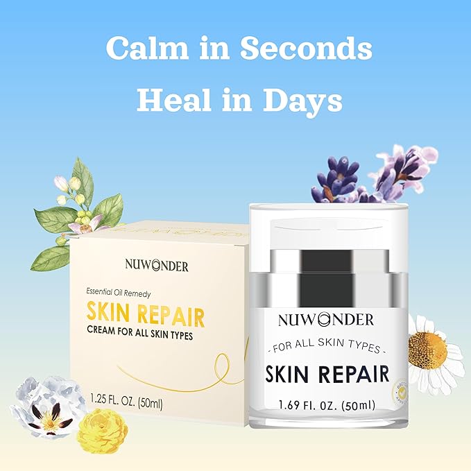 Natural SKIN REPAIR. Clinically tested Aromatherapy. Powerful Essential Oil. Eczema, Dermatitis, Diaper rash, and Sensitive skin. For all skin types. Hypoallergenic, Vegan, Paraben Free. 50ml bottle