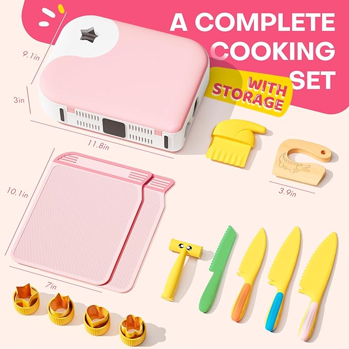 Toddler Girl Cooking Set with Storage Box-Girls Pink Kitchen Set,Safe PP Material Baby Girl Montessori Kitchen Tools for Real Cooking,Dishwasher Safe,Fun Bird-Shaped Little Chef Set
