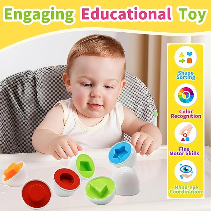 Matching Eggs for Toddlers 1-3, 12 Pcs Set Shape Sorter Puzzle Color Sorting Learning Fine Motor Skills Game, Sensory Educational Montessori Toys Gift for 1 2 3 Year Old Kids Baby Boys Girls