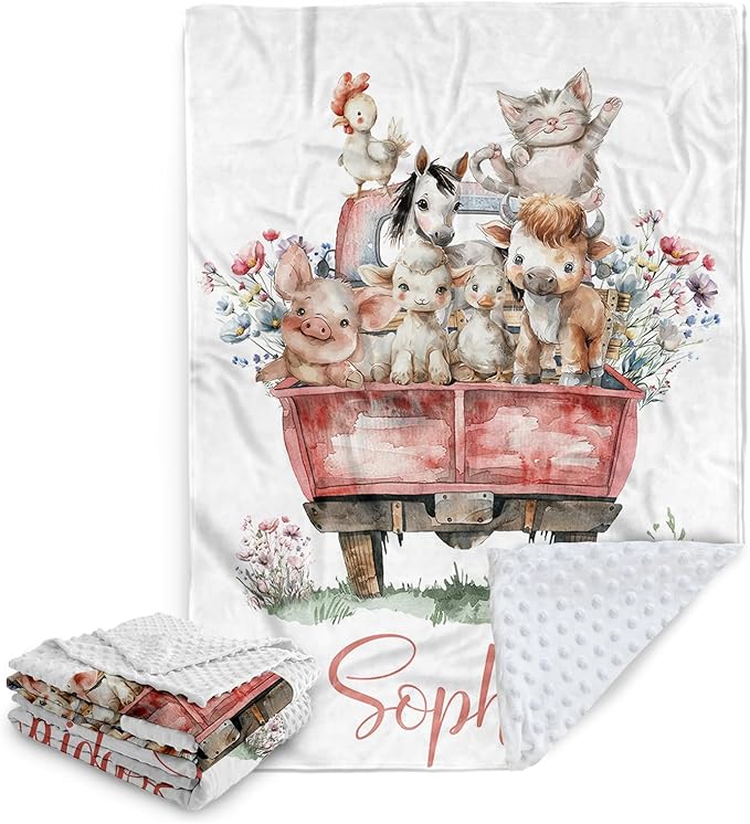 Custom Baby Blanket with Name – Cozy Double Layer Dotted Backing Newborn Receiving Swaddle Blankets, Farm Animals Personalized Gifts for Toddler Infant Boys Girls, Nursery Baby Stuff(60"x80")