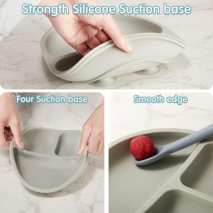 Chengu 12 Pcs Silicone Bowl with Suction Set for Baby Toddler with Suction Plate, Spoon and Fork, Divided Design Baby Feeding Utensils Weaning Kit, Dishwasher and Microwave Safe