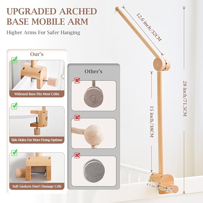 let's make Baby Crib Mobile Arm - Wooden Mobile Arm with Height Adjustable＆360° Rotatable Upgraded Arched Base Nursery Mobile Holder for Crib Mobile Hanger Baby Crib Attachment Nursery Decor