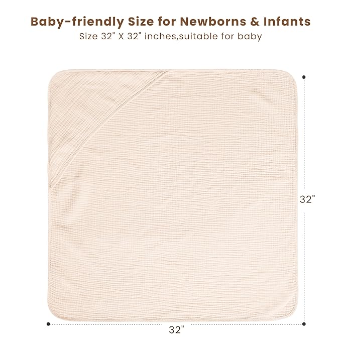 Konssy 2-Pack Muslin Hooded Baby Towels, 100% Cotton, Ultra-Soft & Absorbent Baby Bath Towels with Hood for Newborn & Infant (Cream, Blossom,32" x 32")