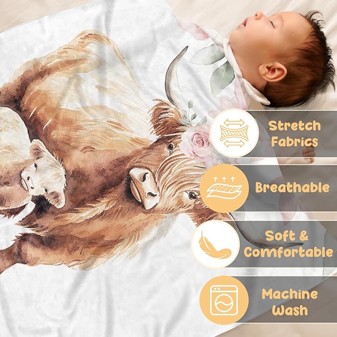 Custom Baby Blanket, Personalized Name Baby Blanket for Girls Boys, Highland Cow Double Layer Dotted Backing Receiving Swaddle Blankets, Nursery Newborns New Parents Customized Gifts(60"x80")