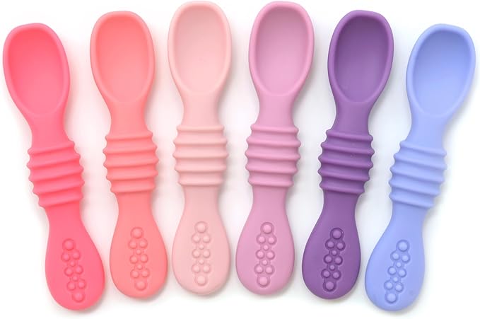 PrimaStella Silicone Chew Spoon Set for Babies and Toddlers - Safety Tested - BPA Free - Microwave, Dishwasher and Freezer Safe - Rosy Shades