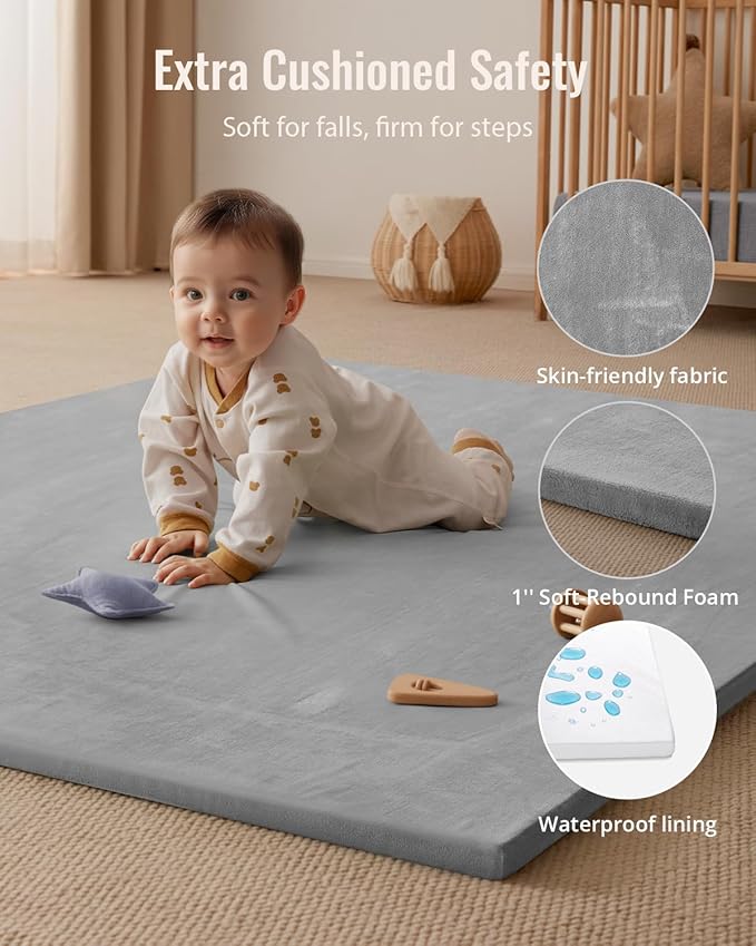 Blissful Diary Ultra Soft Baby Play Mat, 71x59 Extra Large Floor Mat with Removable & Washable Slip-On Cover for Babies and Toddlers, Light Grey