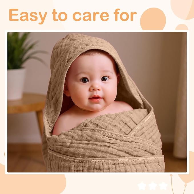 Peryiter 4 Pcs Muslin Hooded Baby Towels, 32"x 32" Cotton Newborn Bath Towel Muslin Infant Baby Blankets Absorbent Unisex Christmas Registry Gift Essentials for Girls Boys (Brown Series)